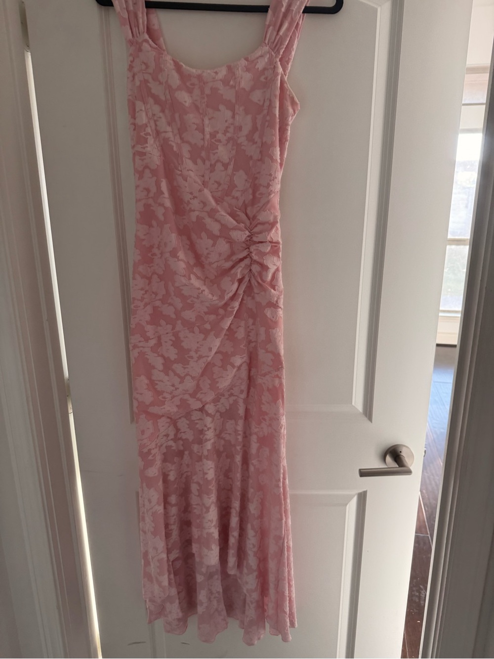 Pink Floral Ruched Midi Dress